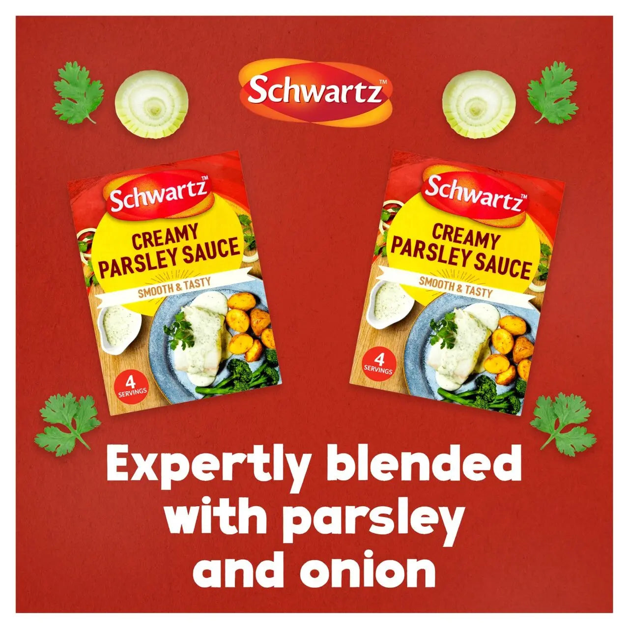 Two packages of Schwartz Creamy Parsley Sauce on a red background with parsley and onion graphics.