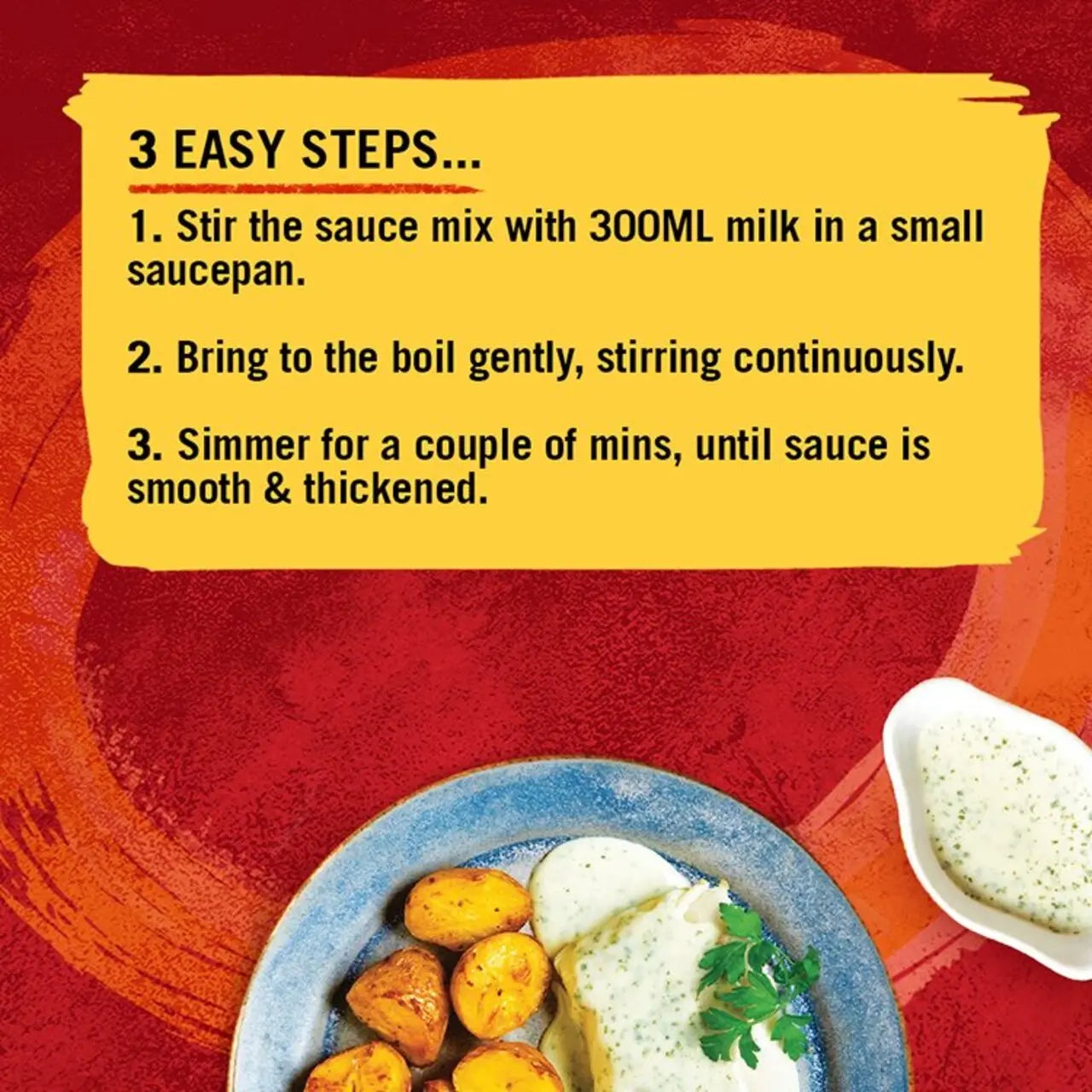 Instructions for making a Creamy Parsley Sauce with milk on a red background