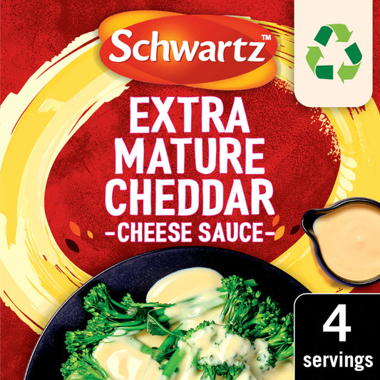 Schwartz Extra Mature Cheddar Cheese Sauce packaging with a dish of pasta and broccoli.