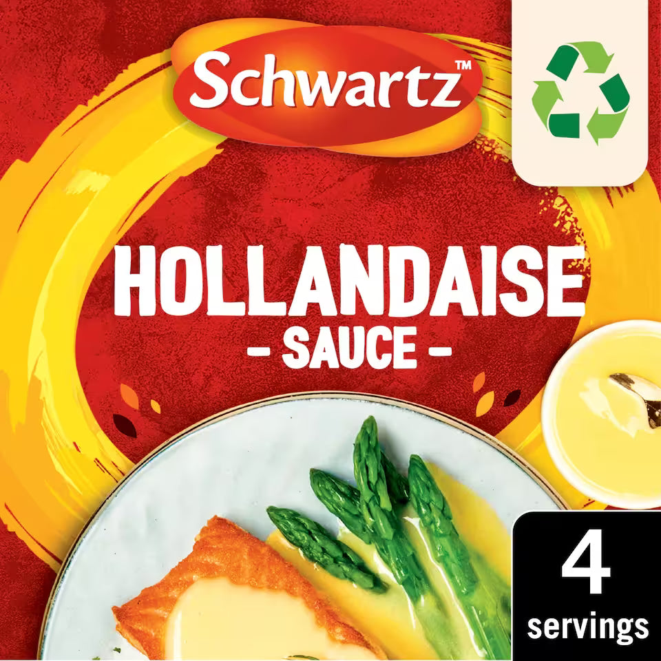 Schwartz Hollandaise Sauce packaging with a plate of food and lemon garnish on a red and yellow background.