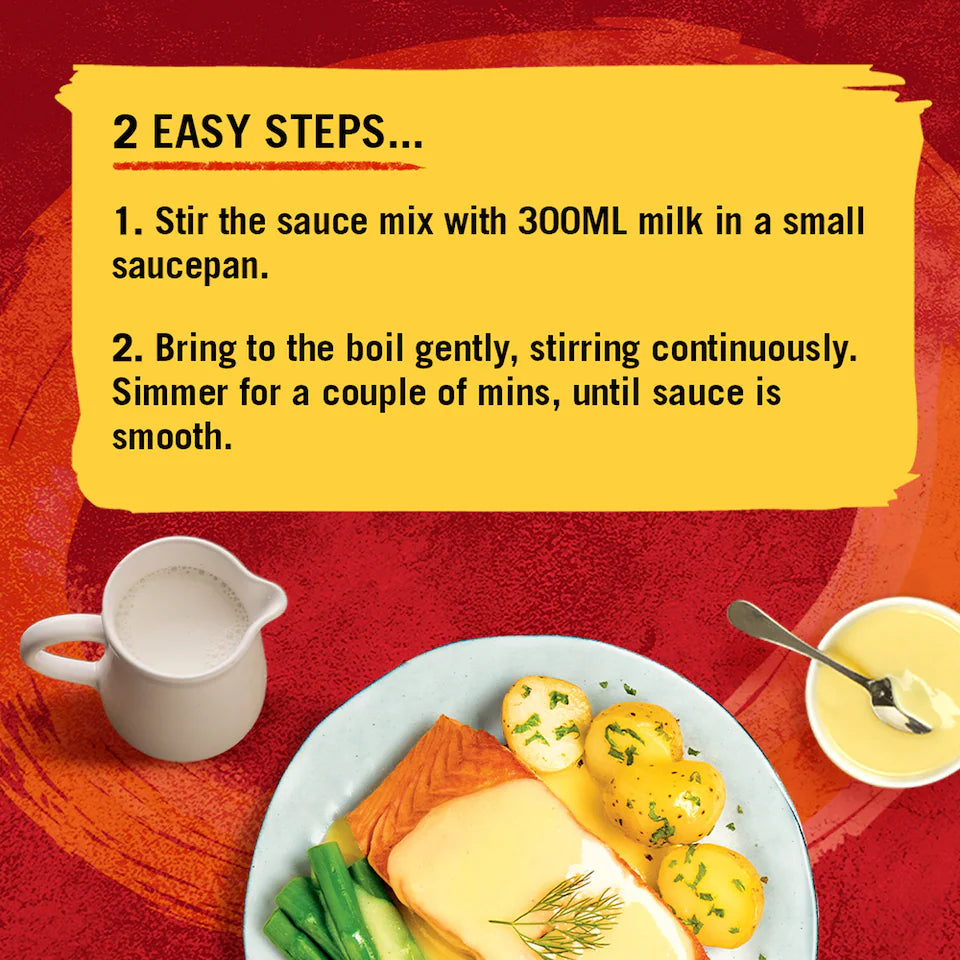 Instructions for making a sauce with milk on a red background, featuring a plate of food.