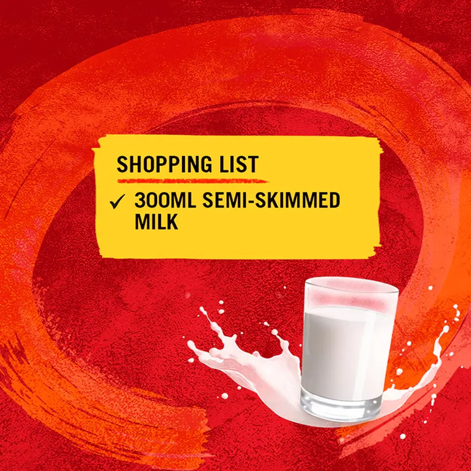 Glass of milk with a shopping list for 300ml semi-skimmed milk on a red background