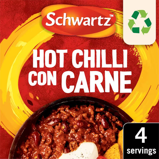Schwartz Hot Chilli con Carne packaging with a bowl of chili and recycling symbol.