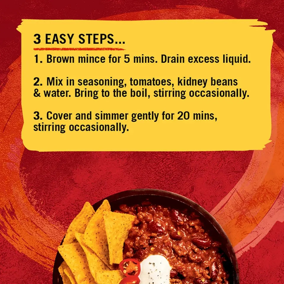 Instructions for making chili with ingredients and preparation steps on a red background