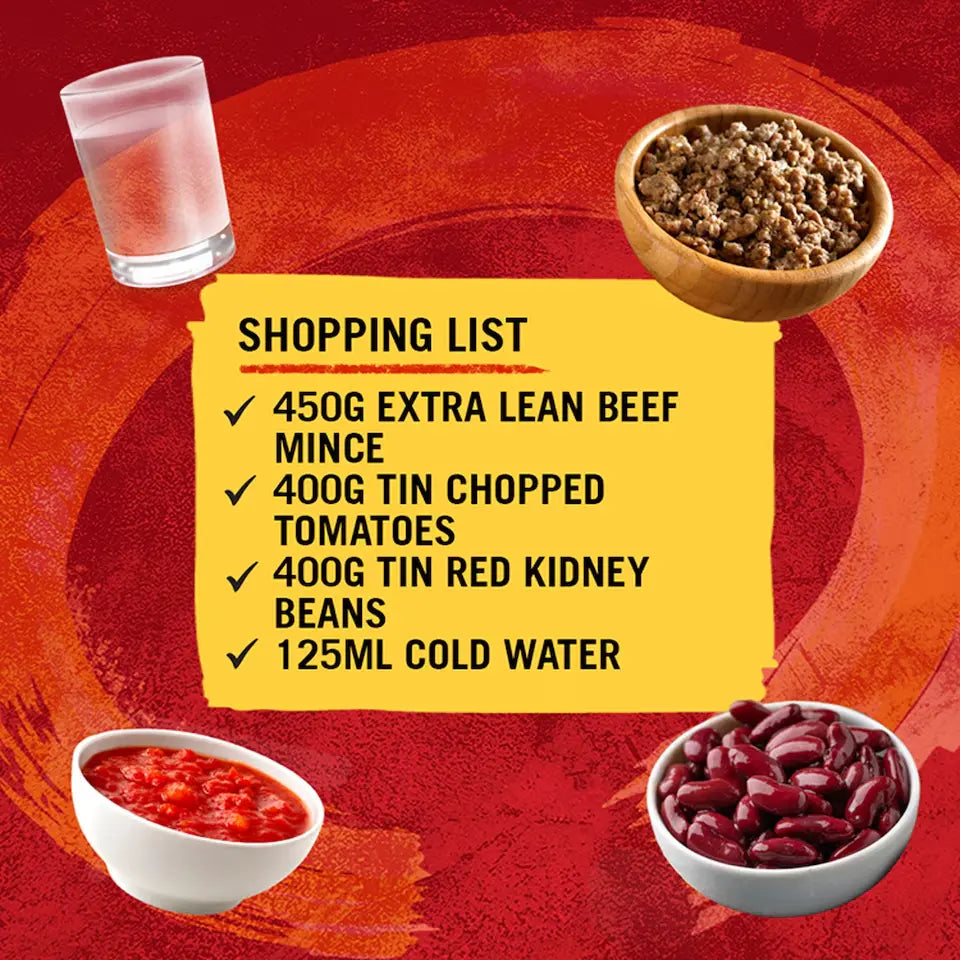 Shopping list for beef mince, chopped tomatoes, red kidney beans, and cold water on a red background with food items displayed.