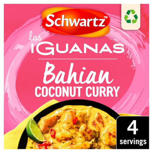Schwartz Guanas Bahian Coconut Curry packaging with pink background and curry dish image.