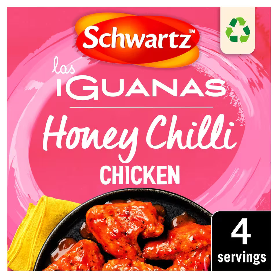 Schwartz Las Guanas Honey Chilli Chicken packaging with pink background and chicken image.