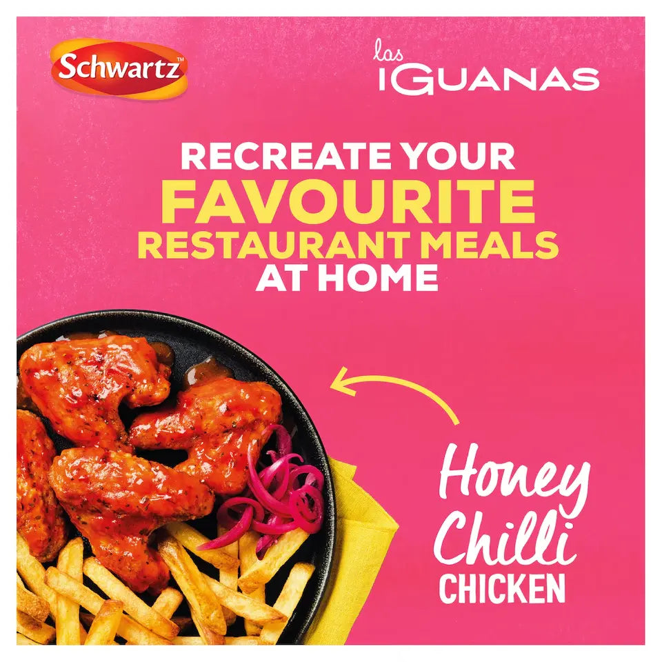 Advertisement for Schwartz and Las Iguanas honey chilli chicken dish on a pink background