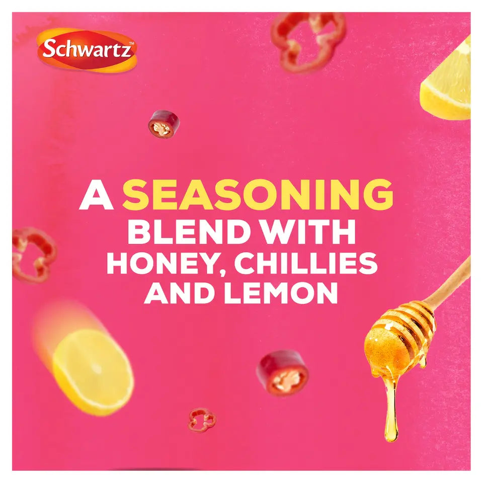 Schwartz seasoning blend with honey, chillies, and lemon on a pink background