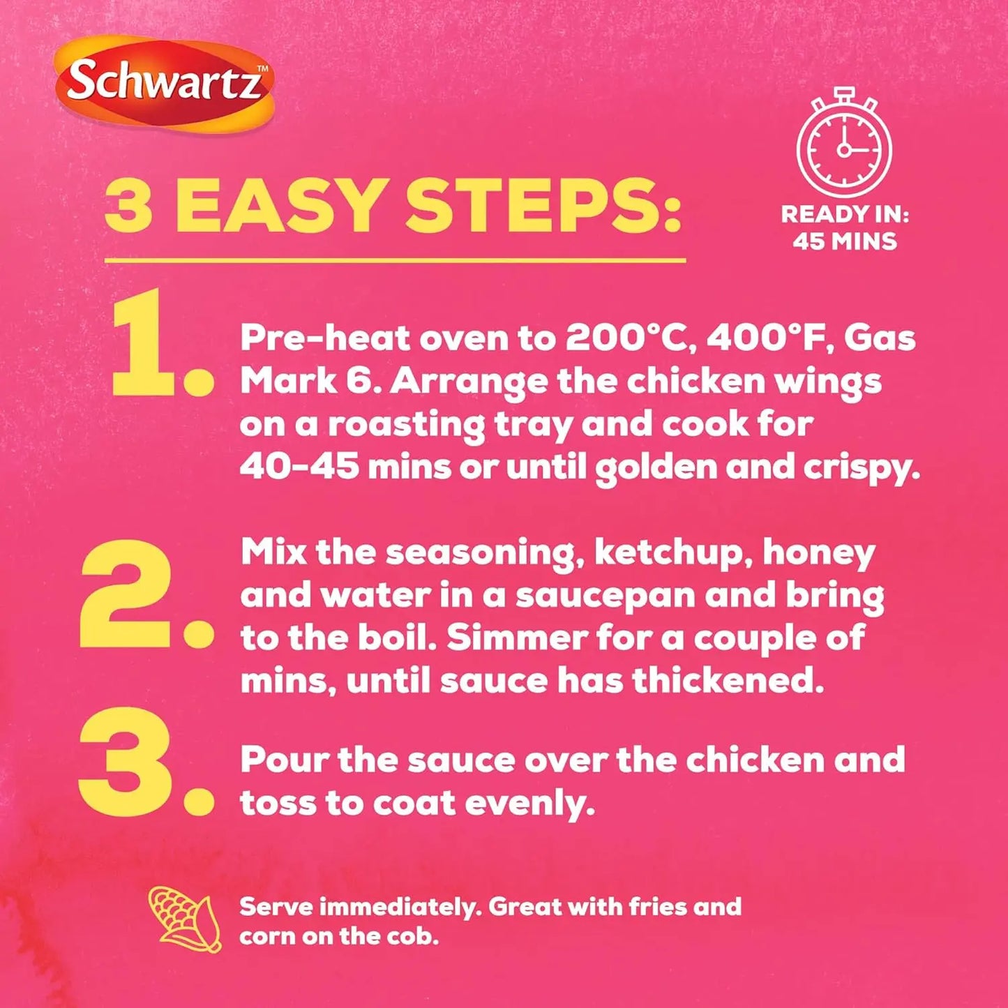 Schwartz brand recipe card for chicken wings with cooking instructions on a pink background