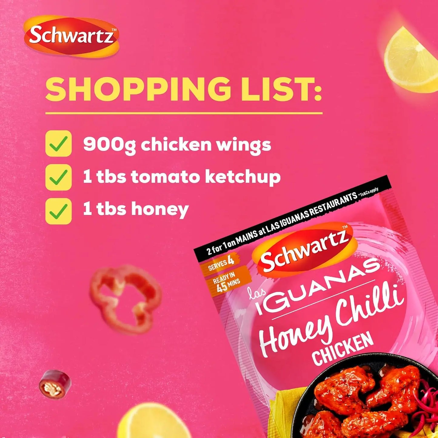 Schwartz Las Iguanas Honey Chilli Chicken packaging with a shopping list on a pink background