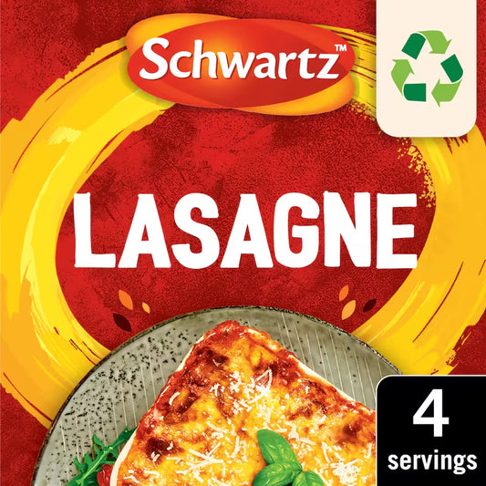 Schwartz lasagne packaging with a red and yellow design, showing a portion of lasagne on a plate.