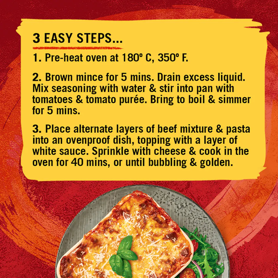 Instructions for making a lasagna with a red background