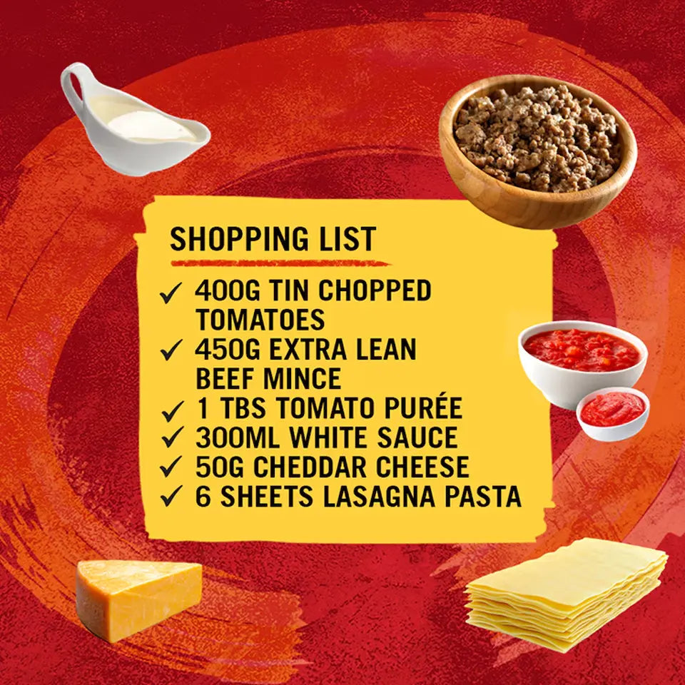 Shopping list for lasagna ingredients on a red background with lasagna components.