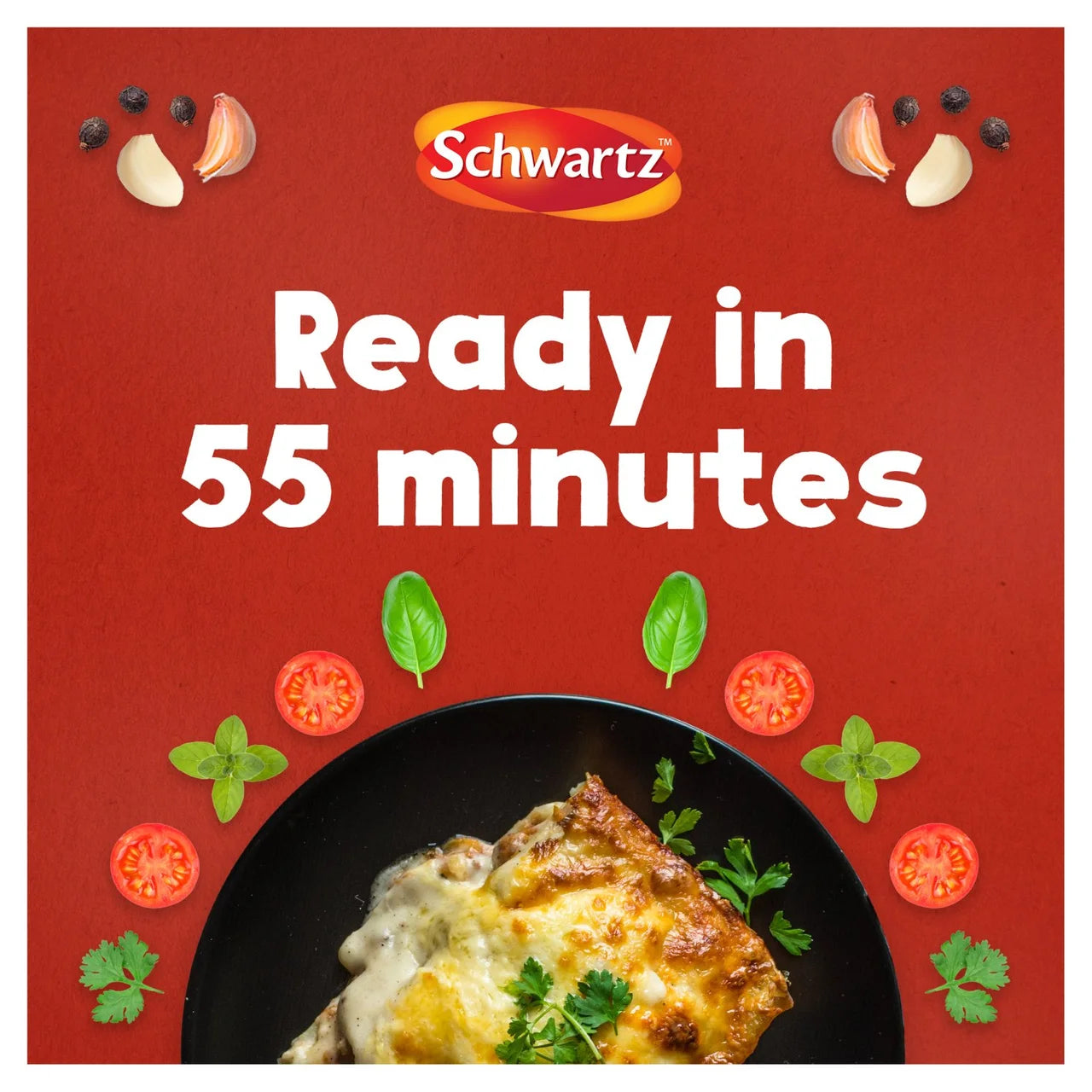 Schwartz food product packaging with a dish and text 'Ready in 55 minutes' on a red background.