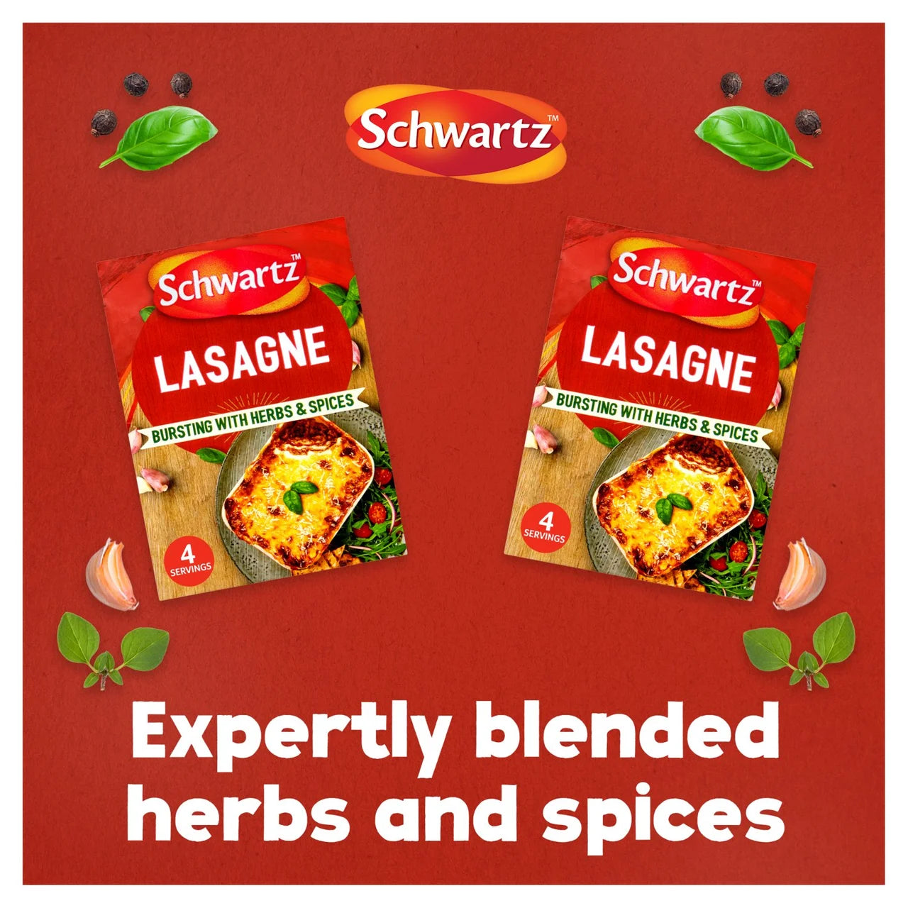 Two packages of Schwartz Lasagne mix on a red background with herbs and spices.