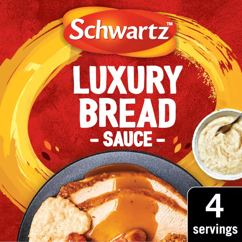 Schwartz Luxury Bread Sauce packaging with a red and yellow background