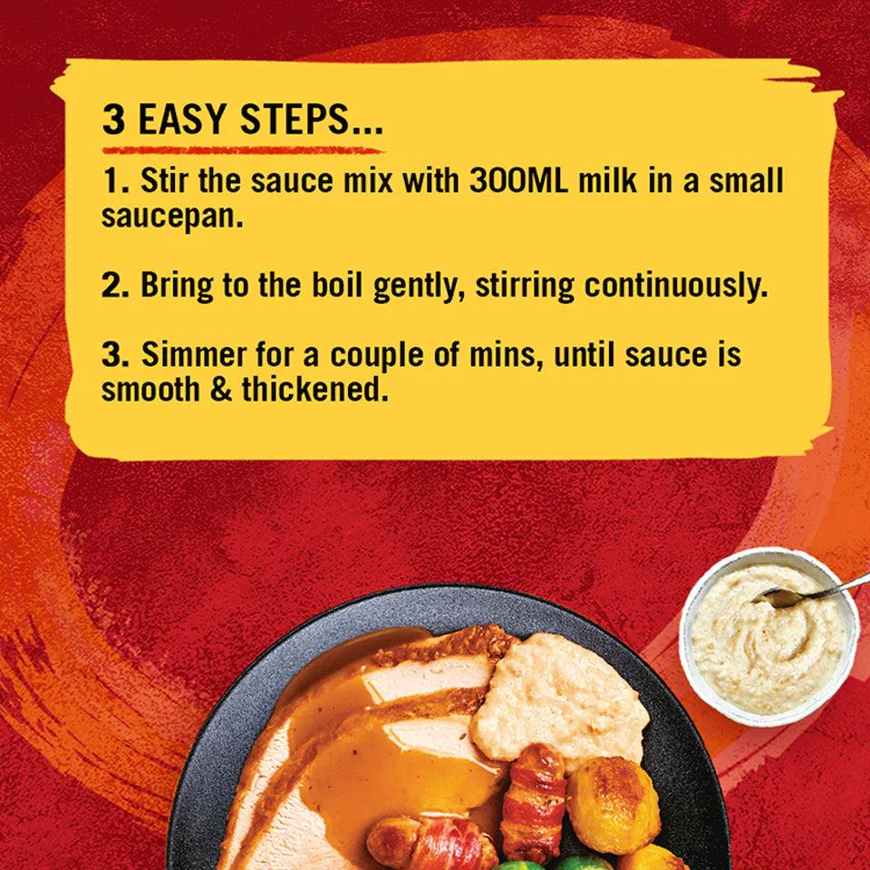 Instructions for making Schwartz Luxury Bread Sauce with milk on a red background, featuring a dish with sauce and bread.