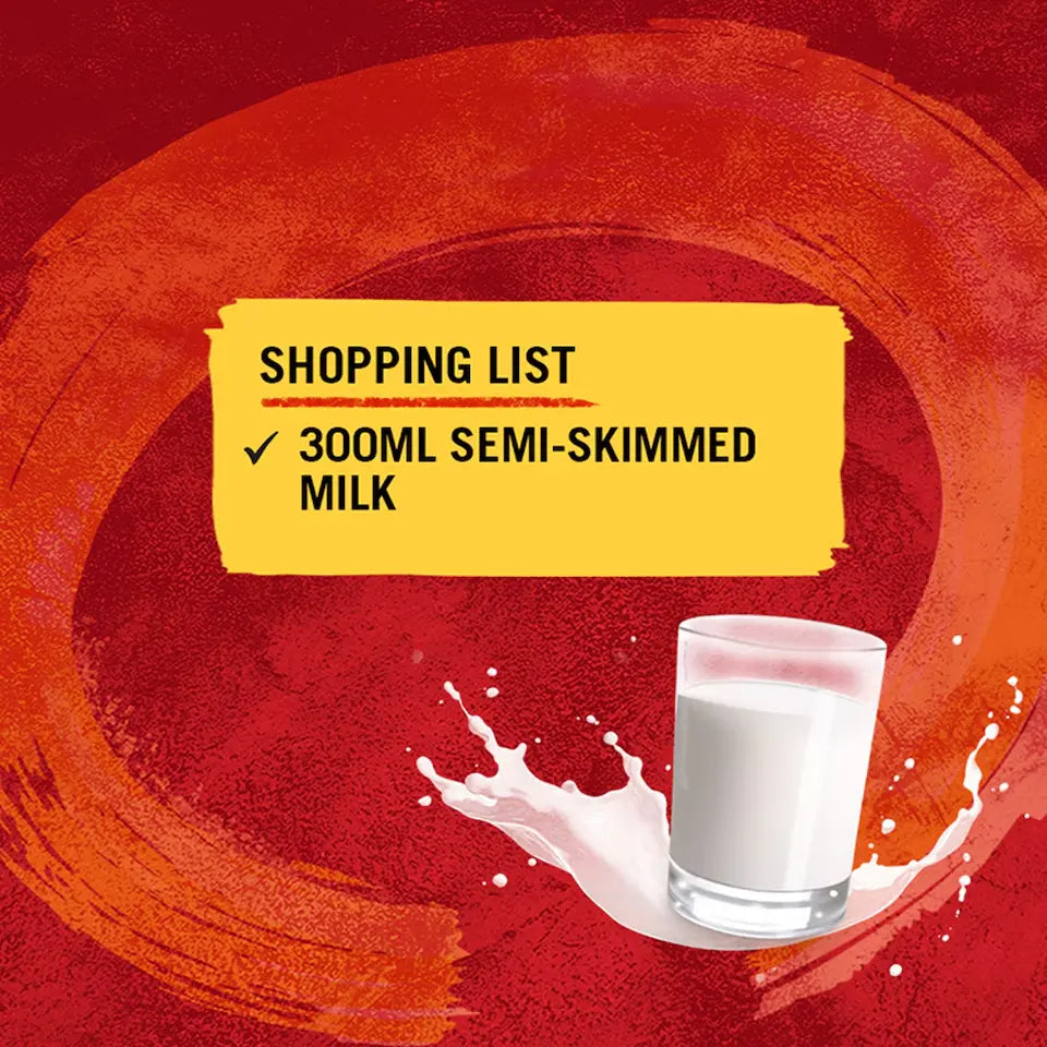 Glass of milk with a shopping list for 300ml semi-skimmed milk on a red background