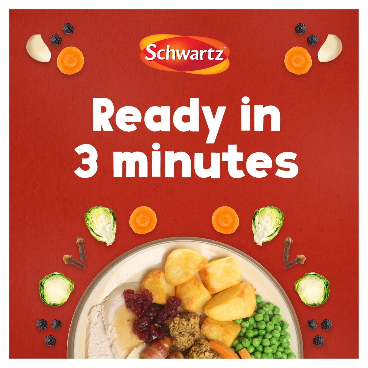 Schwartz food package with a bowl of food and vegetables on a red background