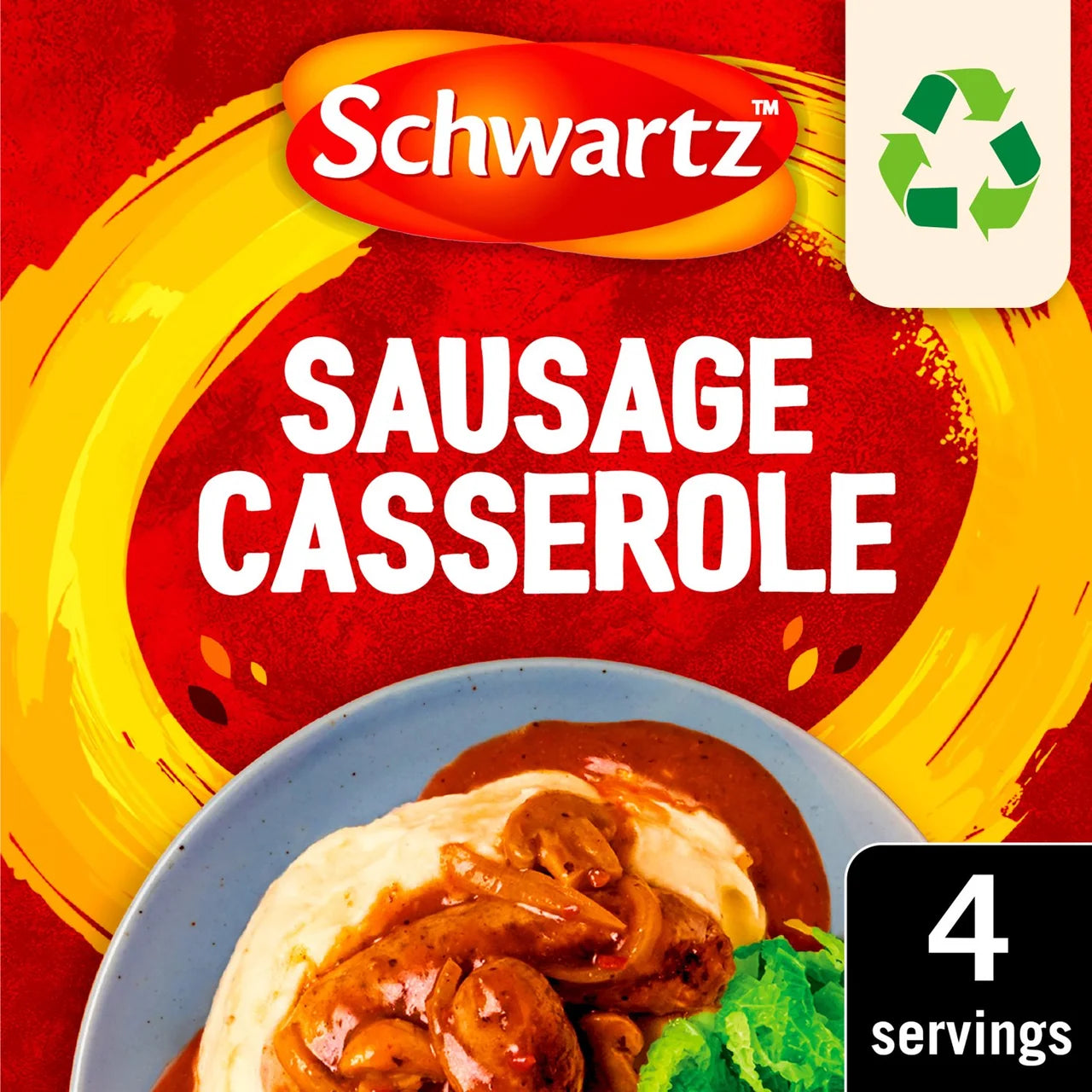 Schwartz Sausage Casserole packaging with a plate of food and recycling symbol.