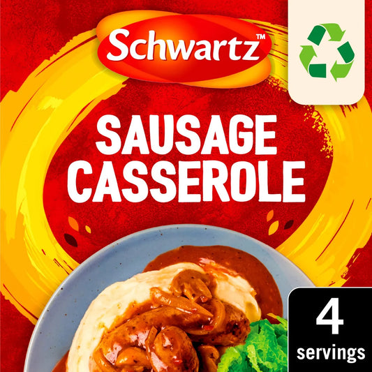 Schwartz Sausage Casserole packaging with a plate of food and recycling symbol.