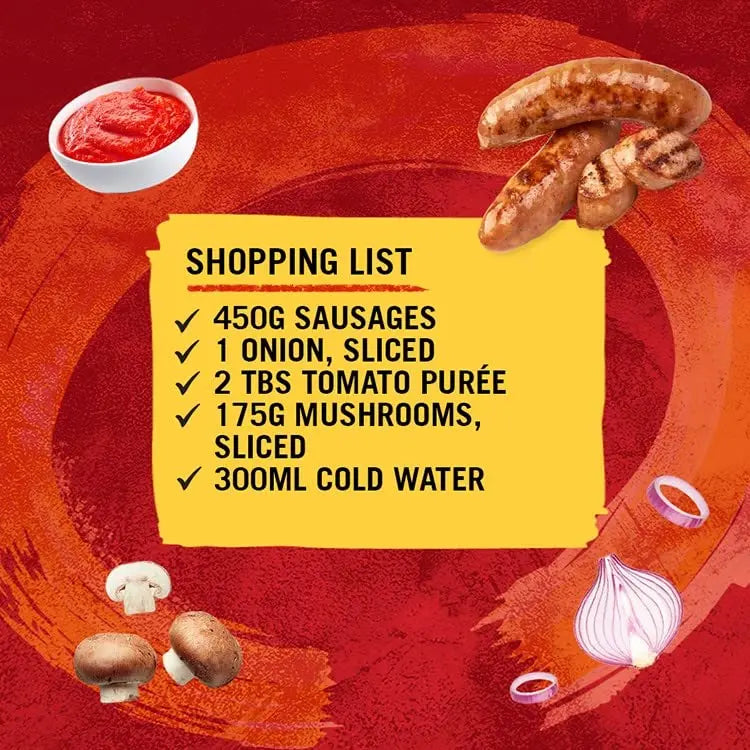 Shopping list for a recipe with sausages, onions, tomato puree, mushrooms, and water on a red background.