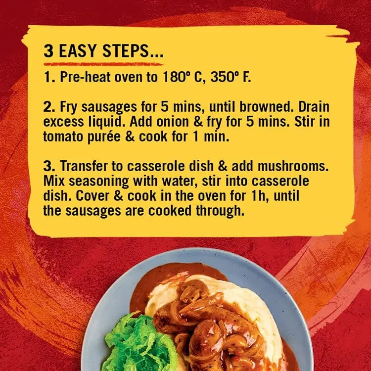 Instructions for cooking sausages with a red background