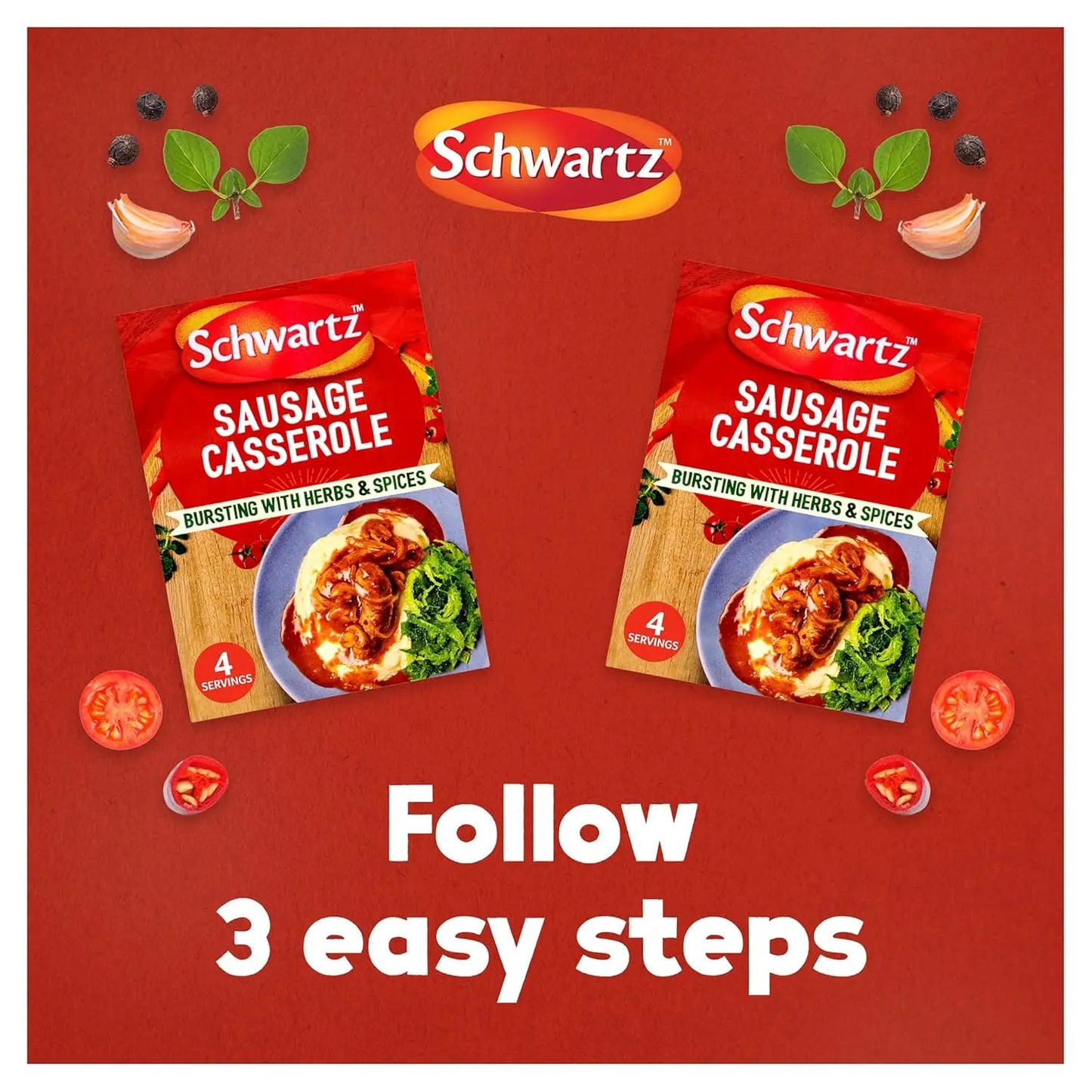 Two packages of Schwartz Sausage Casserole on a red background with the brand logo and text.