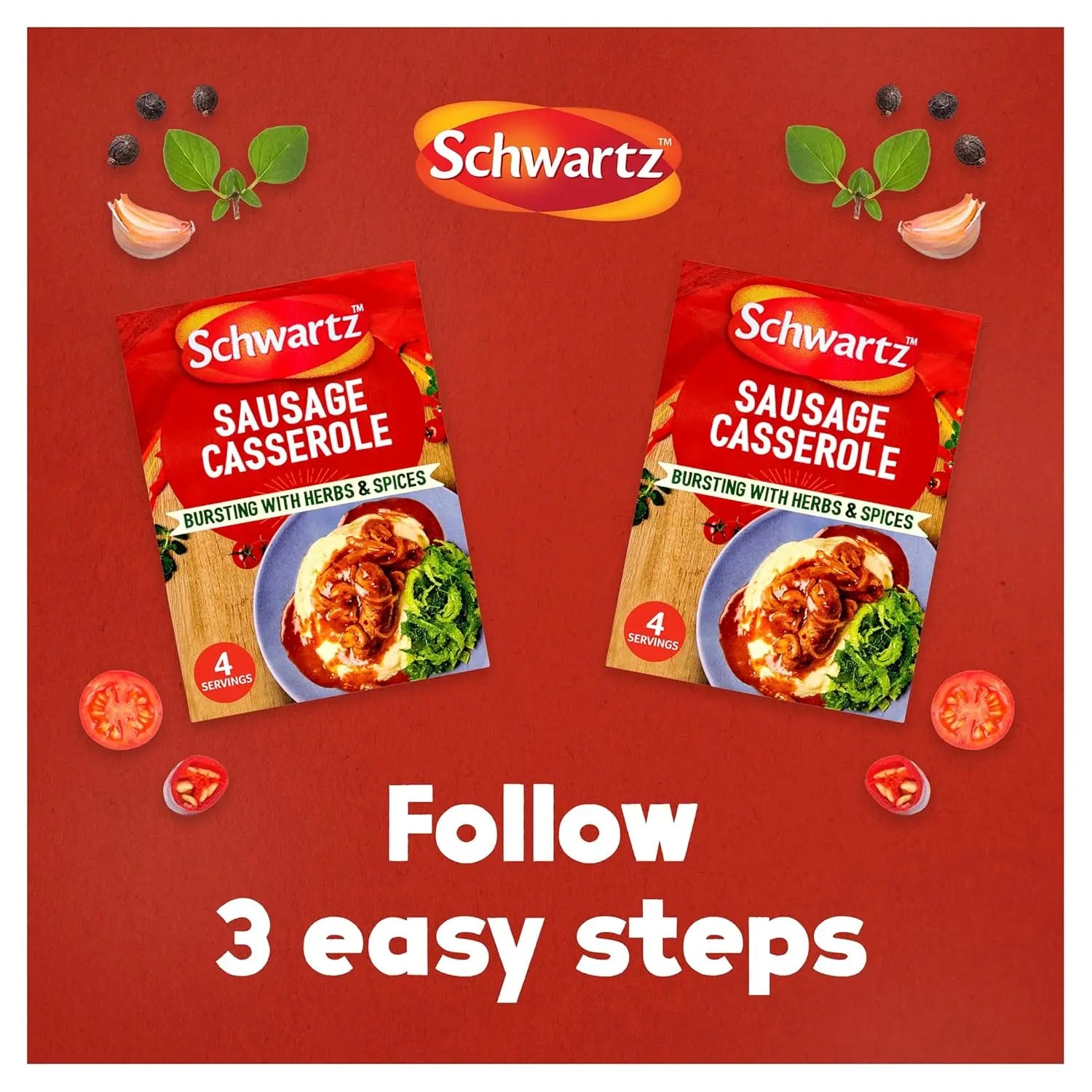 Two packages of Schwartz Sausage Casserole on a red background with the brand logo and text.
