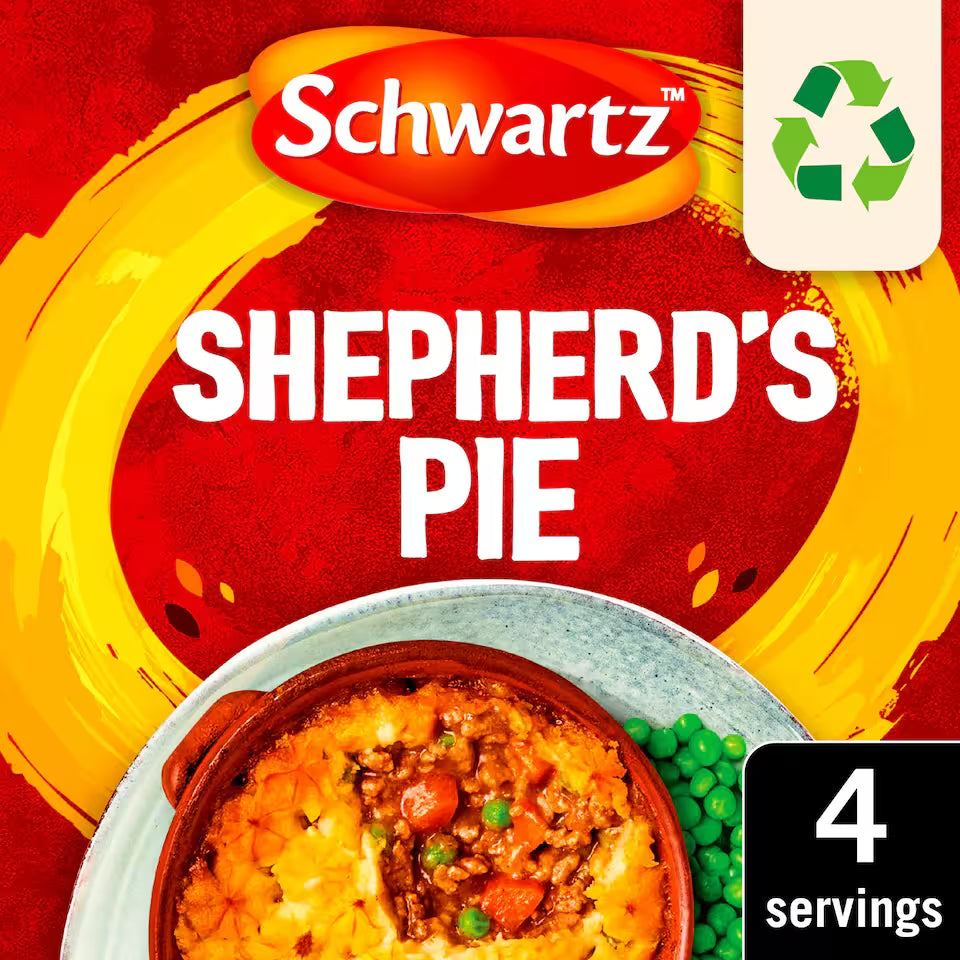 Schwartz Shepherd's Pie packaging with a bowl of shepherd's pie and peas on a red background.