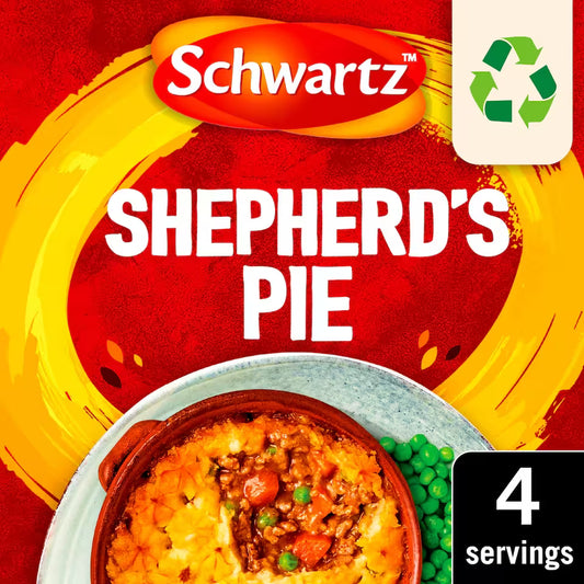 Schwartz Shepherd's Pie packaging with a bowl of shepherd's pie and peas on a red background.