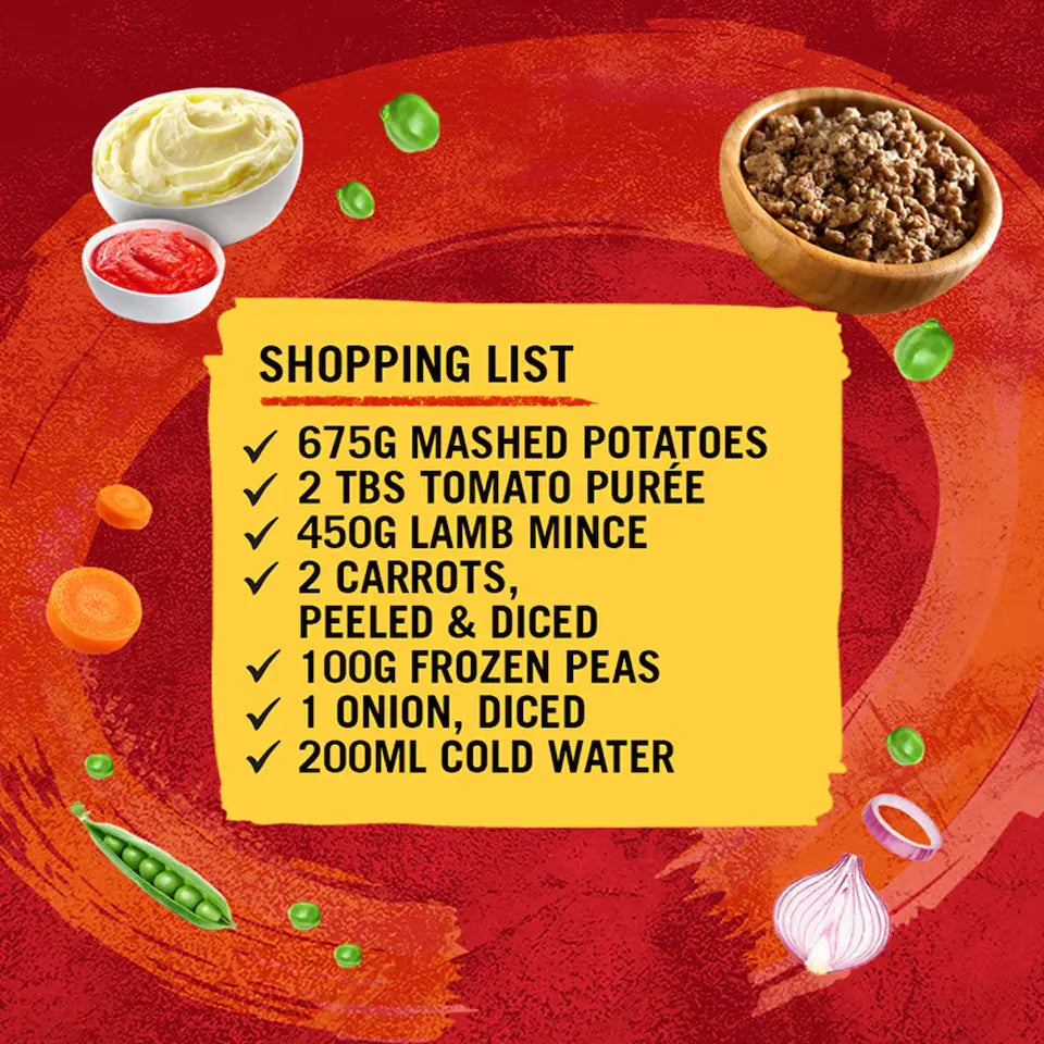 Shopping list for a recipe with ingredients on a red background