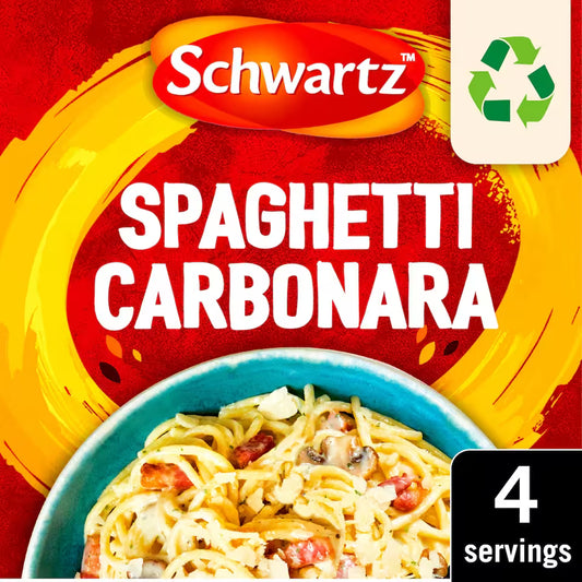 Schwartz Spaghetti Carbonara packaging with a bowl of pasta and recycling symbol.