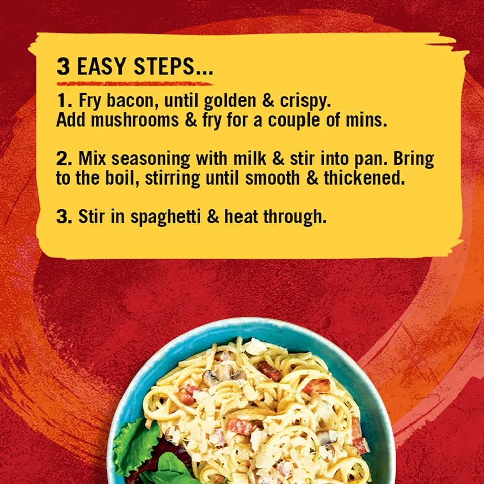 Instructions for making a pasta dish with bacon and mushrooms on a red background