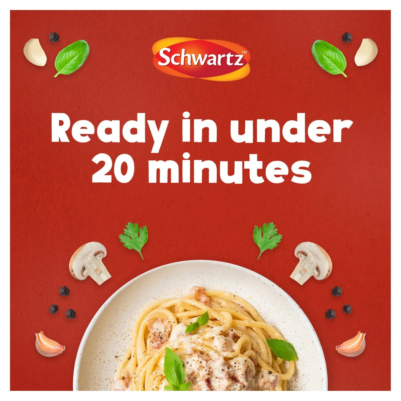 Schwartz brand pasta dish advertisement with text 'Ready in under 20 minutes' on a red background.