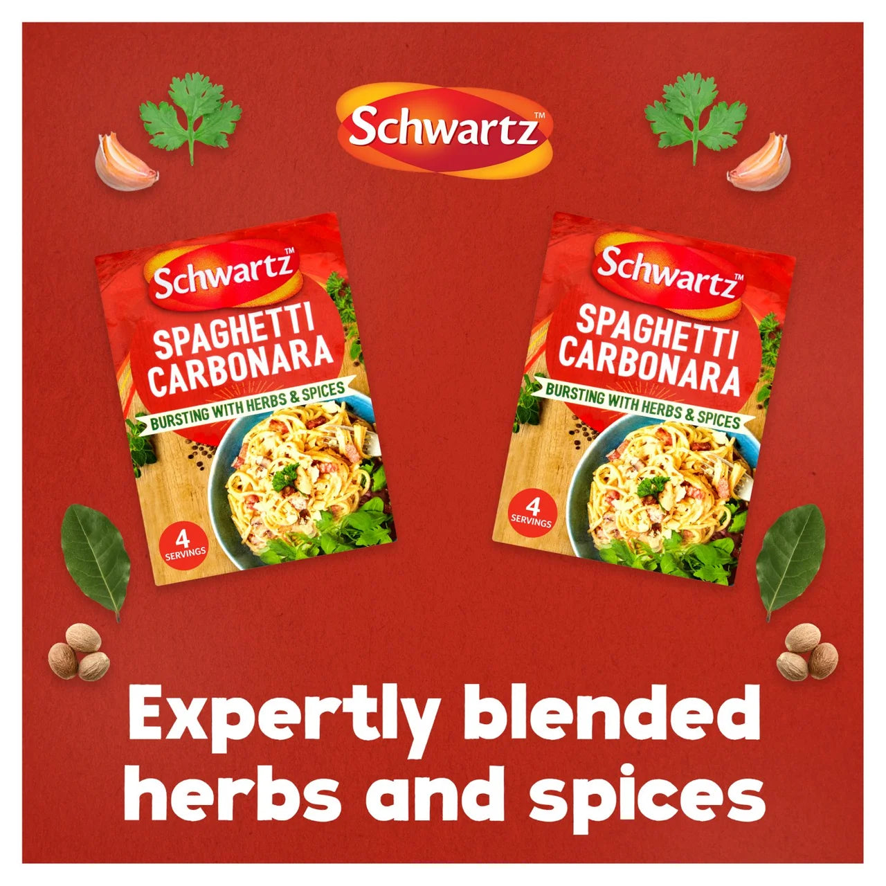 Two packages of Schwartz Spaghetti Carbonara on a red background with herbs and spices.