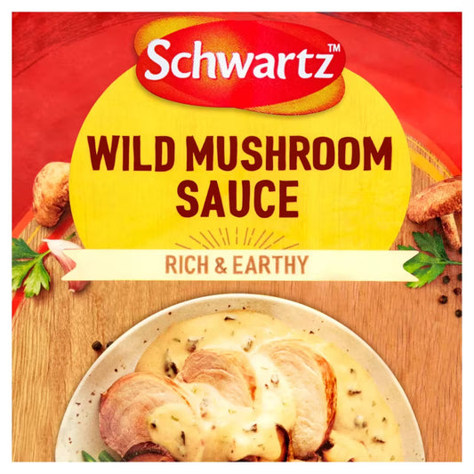 Schwartz Wild Mushroom Sauce packaging with a dish of pasta and mushrooms on a wooden board.