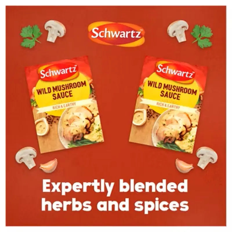 Two packages of Schwartz Wild Mushroom Sauce on a red background with mushrooms and herbs.