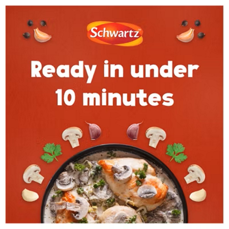 Schwartz food product packaging with chicken dish and ingredients on a red background