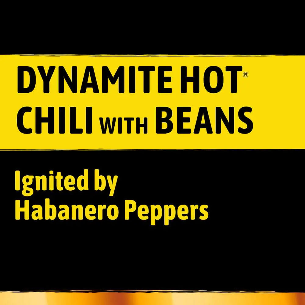 Dynamite Hot Chili with Beans packaging featuring yellow and black text.