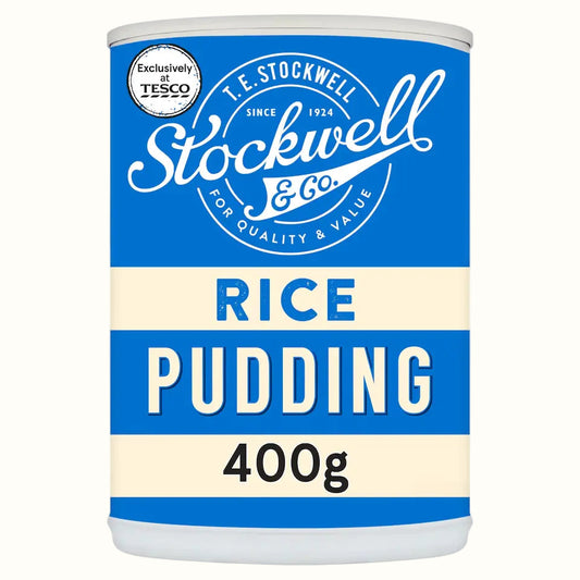 Stockwell & Co rice pudding container with blue and white label