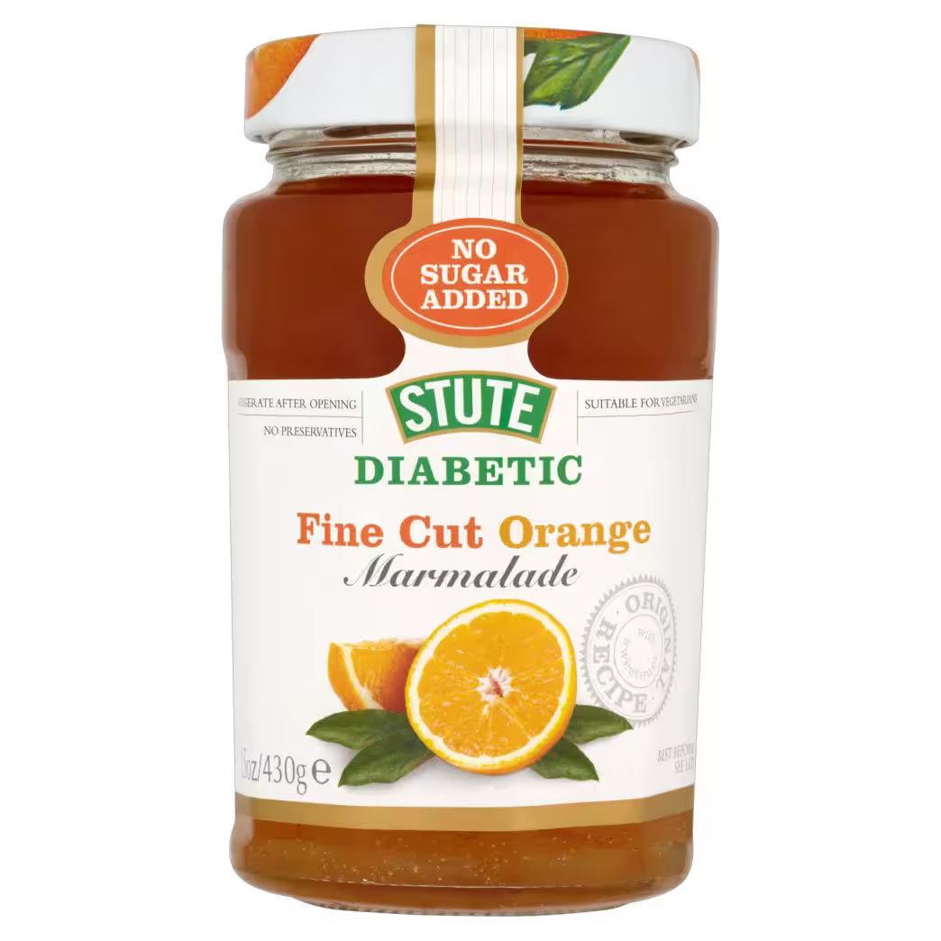 Jar of Stute Diabetic Fine Cut Orange Marmalade with a white background