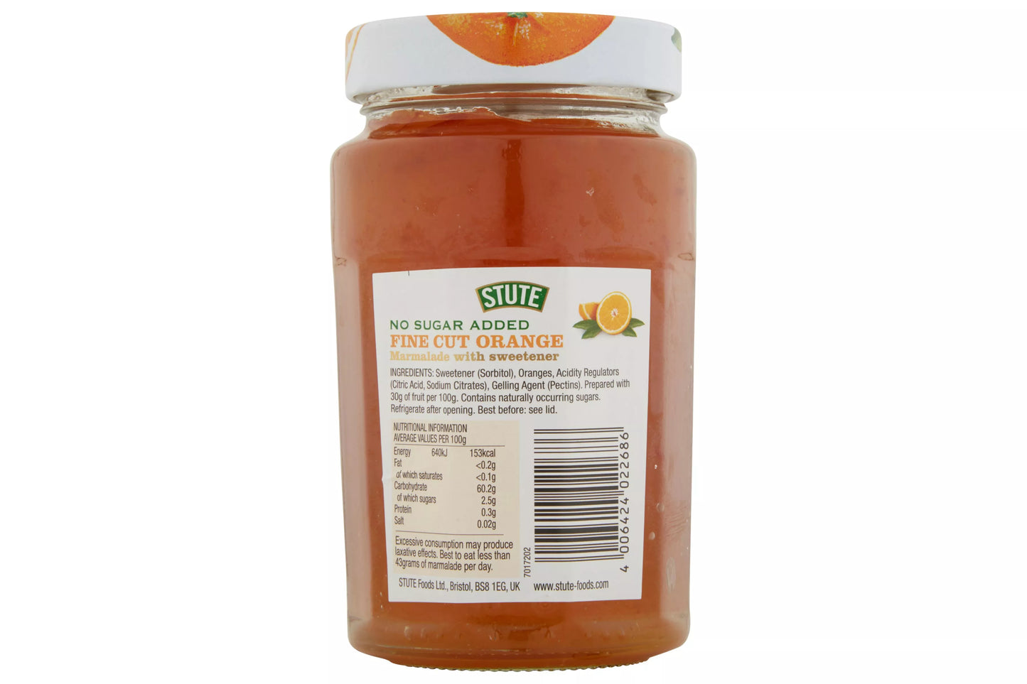 Jar of Stute no sugar added peach jam on a white background