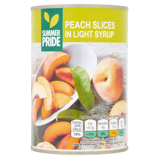 Can of Summer Pride peach slices in light syrup with a green label