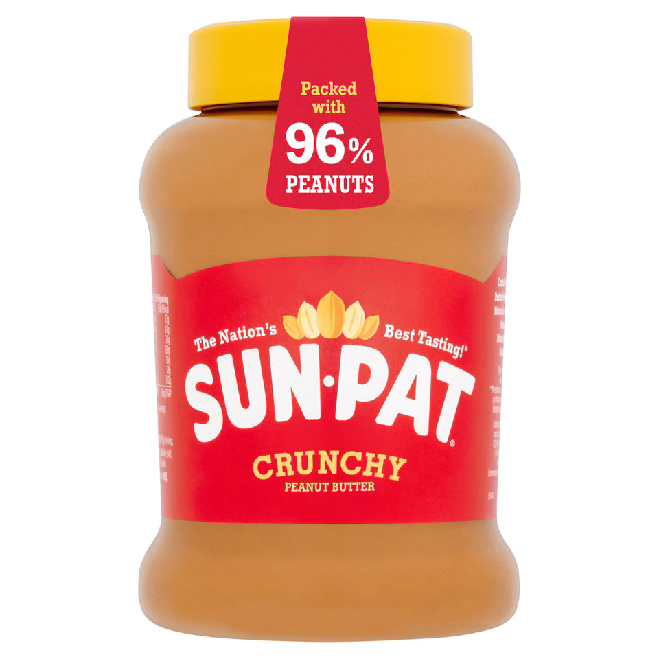 Sun-Pat crunchy peanut butter jar with red label and yellow lid on a white background