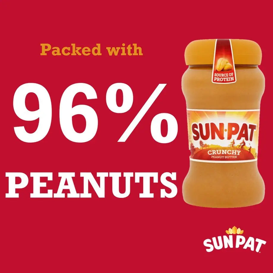 Sun-Pat crunchy peanut butter jar on a red background with text about peanuts content