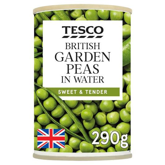 Can of Tesco British Garden Peas in Water with a white label and green peas on a white background.
