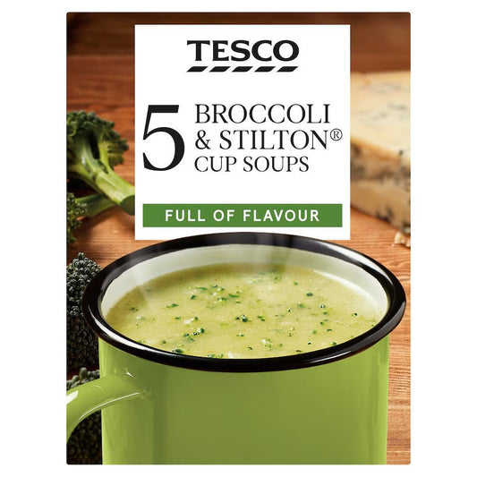 Tesco 5 Broccoli & Stilton Cup Soups packaging with a bowl of soup and broccoli on a wooden background.