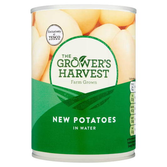 Can of 'The Grower's Harvest' new potatoes in water with Tesco branding.